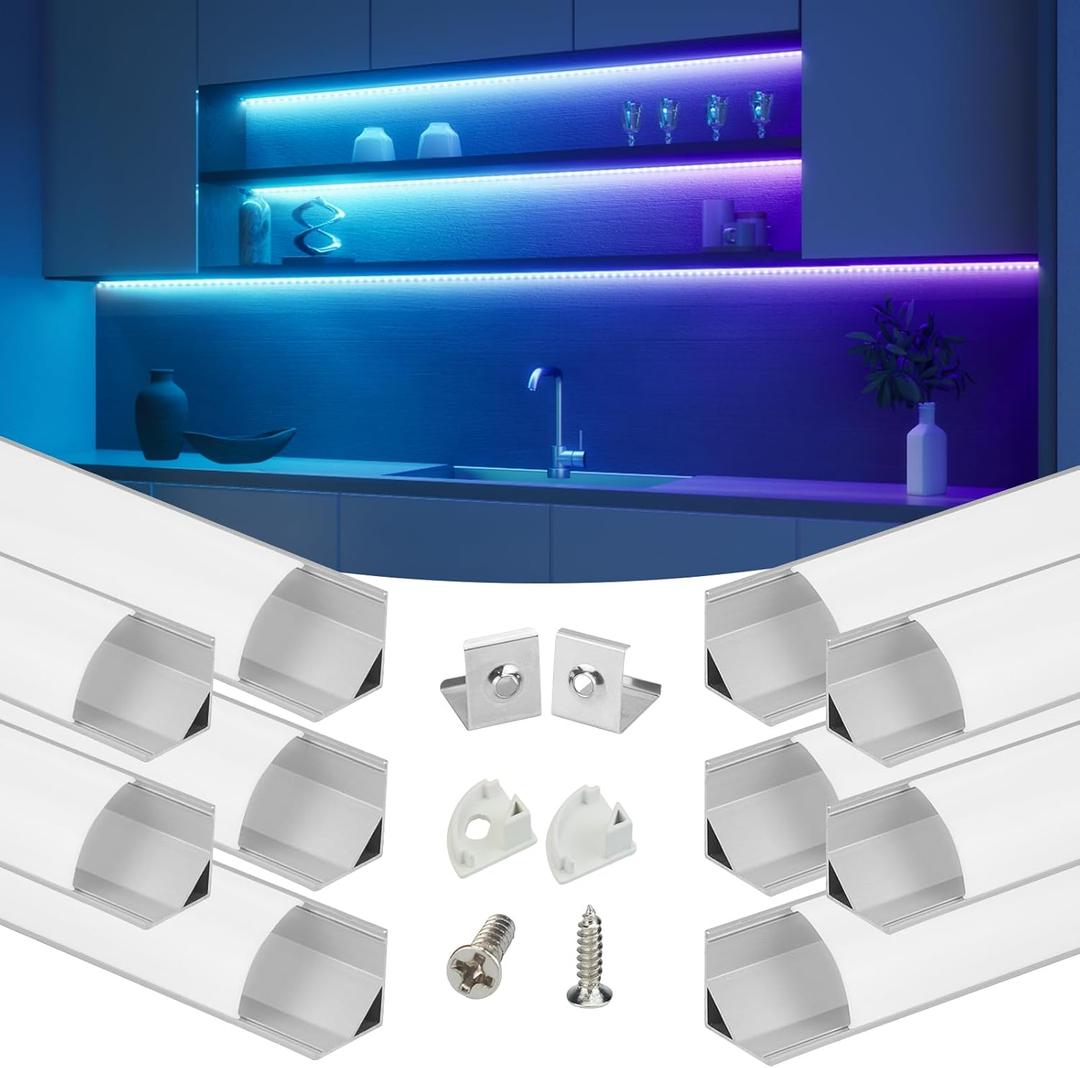 Muzata 10Pack 3.3FT/1M V Shape LED Channel Silver Aluminum LED Strip Diffuser Channel with Milky White Cover Frosted Corner Lighting Easy Installation V1SW WW 1M