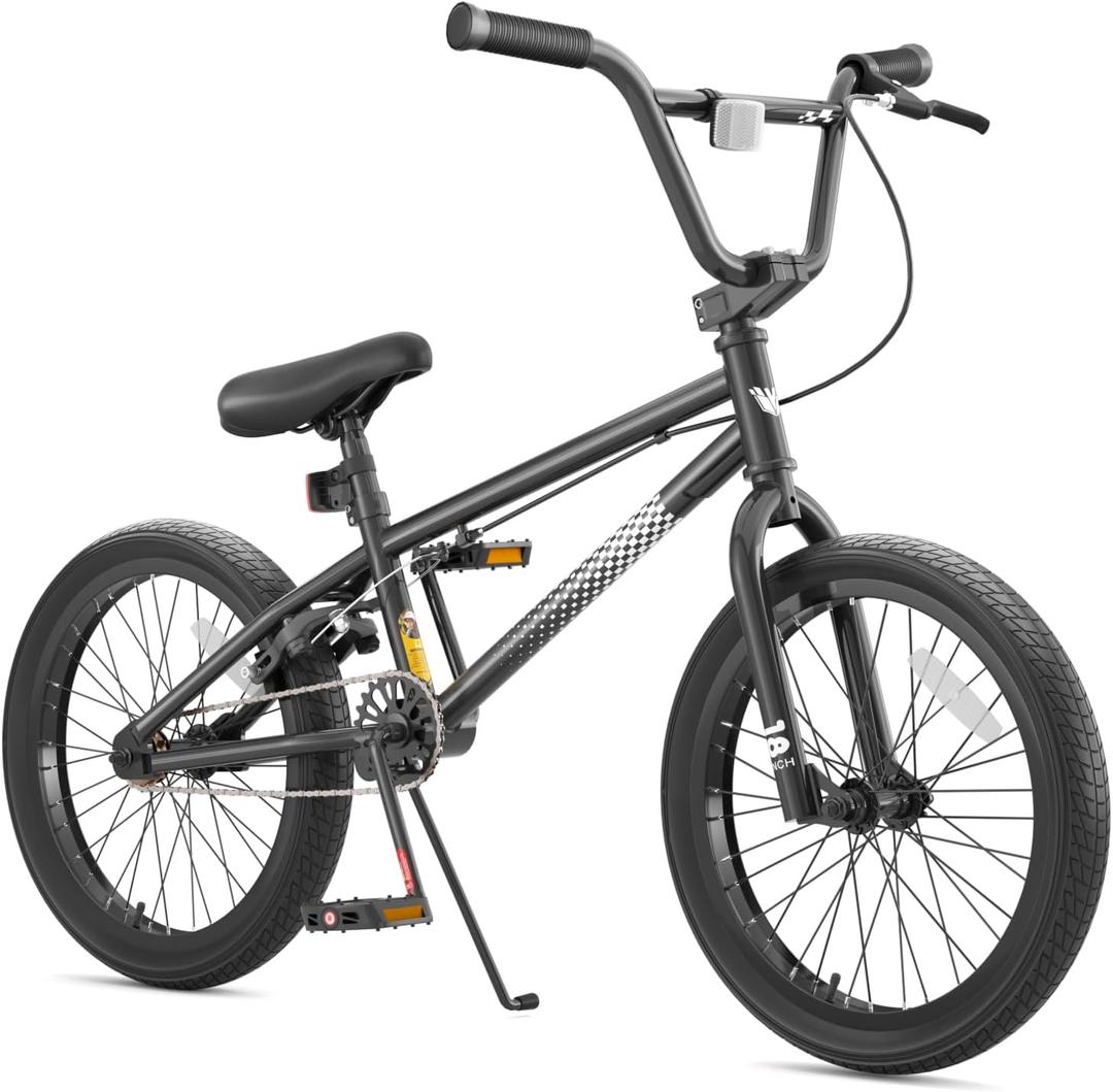 KORIMEFA Freestyle BMX Bike 18 20 inch Kids Boys Trick Bicycle for 7-12 Years Old, Pro Pegs/Guro Could Choose, Hi-Ten Steel Frame, Beginner-Level to Advanced Riders (Black)