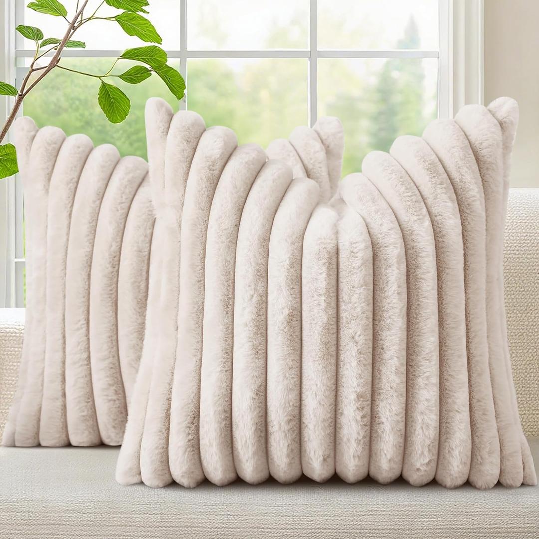 decorUhome Summer Cozy Faux Fur Throw Pillow Covers 26x26 Set of 2 Decorative Soft Plush Striped Modern Farmhouse Boho Couch Euro Sham Pillow Cases with Velvet Back for Sofa Bed Living Room, Beige
