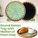 Round Rattan Tray with Mother of Pearl Inlay, Wicker Serving Tray Mother for Decor, Rattan Round Wicker Coffee Table Tray for Coffe Friut Bread, Green Leaf