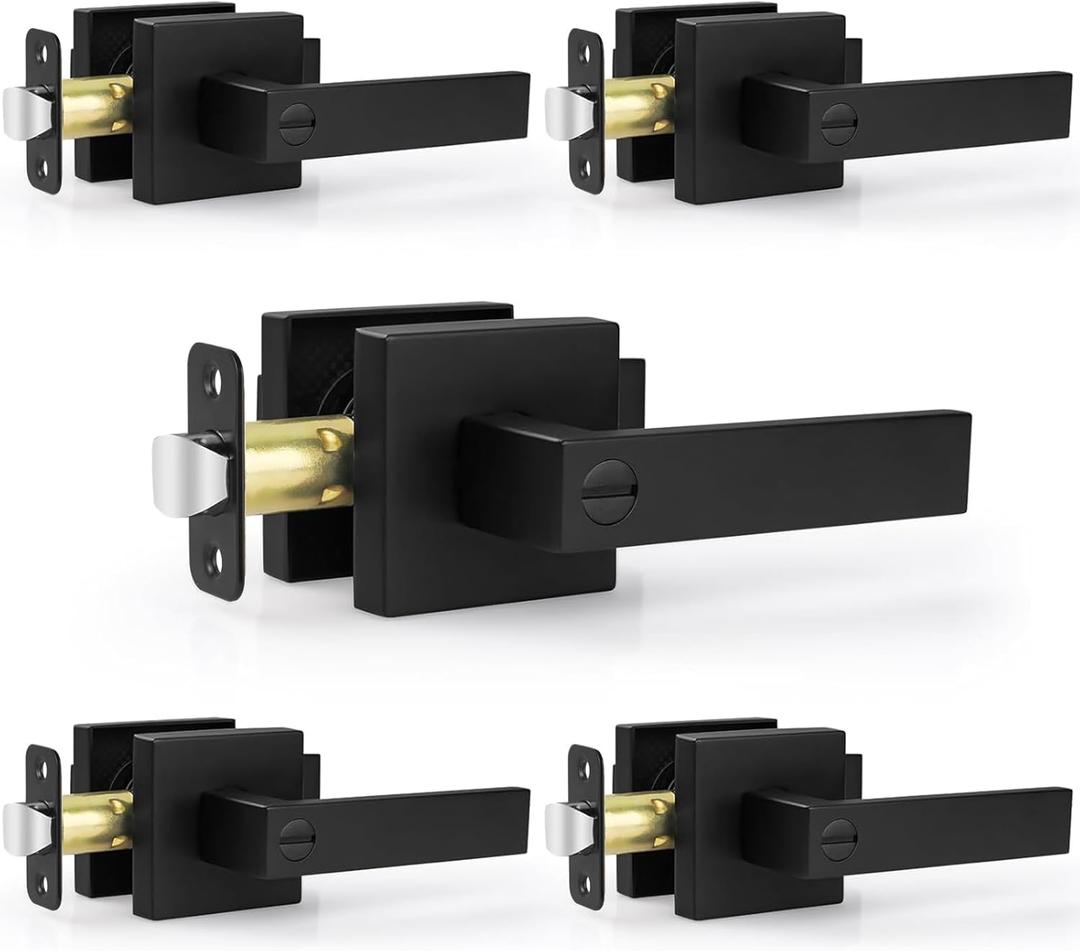 Estmoon 5 Pack Matte Black Door Handles Interior Door Knobs, Keyless Privacy Bedroom Door Lock, Heavy Duty Zinc Alloy Home Improvement Door Leverset for Bedrooms Bathrooms