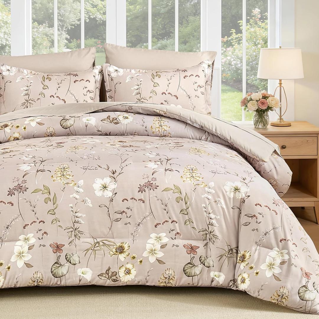 DJY Queen Size Comforter Set, Taupe Botanical Floral Bedding Comforter Sets Queen for All Seasons,7 Pieces Queen Bed in a Bag Lightweight Microfiber Comforter Set with Sheets, Pillowcases & Shams