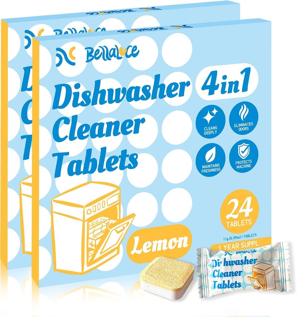 Dishwasher Cleaner Tablets Deodorizer-48 Pack Deep Cleaning Dish Washer Descaler Freshener-Grime Limescale Heavy Duty Grease Odor Smell Remover-for All Dishwashers Lemon Foaming 2 Year Supply