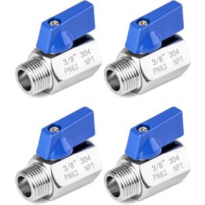 QWORK Mini Ball Valve, 4 Pack 3/8" NPT Thread Female and Male 304 Stainless Steel Shut-Off Valves