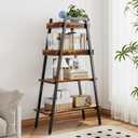 VECELO Book Shelf, 4 Tier Wooden Ladder Bookcase with Metal Frame, Enclosed Edges Combined with Open Display, Decorative and Plant Stand for Living Room/Farmhouse/Bedroom/Home Office-Brown, Depth: 9 Inches