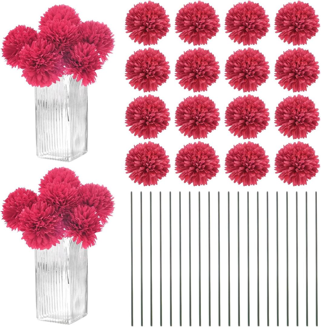 30-Pack Artificial Chrysanthemum Ball Flowers,11 Inch Faux Chrysanthemum Silk Bouquets Real Touch Faux Flowers for Home/Wedding/Christmas/Party, [Rose Red]