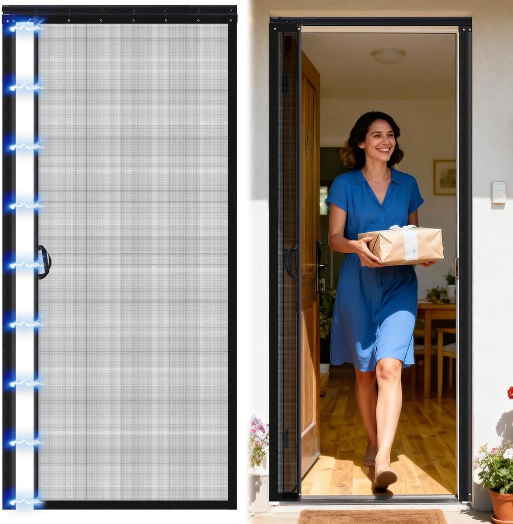 Beeveer Retractable Screen Door with Sliding Track Fits Door Size 33" x 80" (Curtain Size 34'' x 81'') Pet Friendly Magnetic Fiberglass Mesh Screen for Patio French Sliding Doors Weighted Bottom