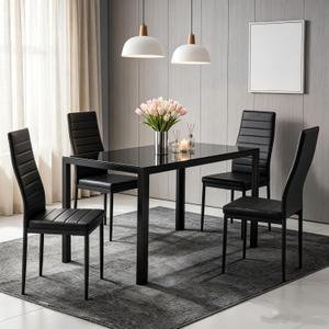 PU Leather Dining Chairs Set of 4, Modern Kitchen Chairs with High Backrest, Horizontal Stitching Upholstered Side Chair with Round Tube Metal Legs for Dining Room, Black, Chair（4 pcs）