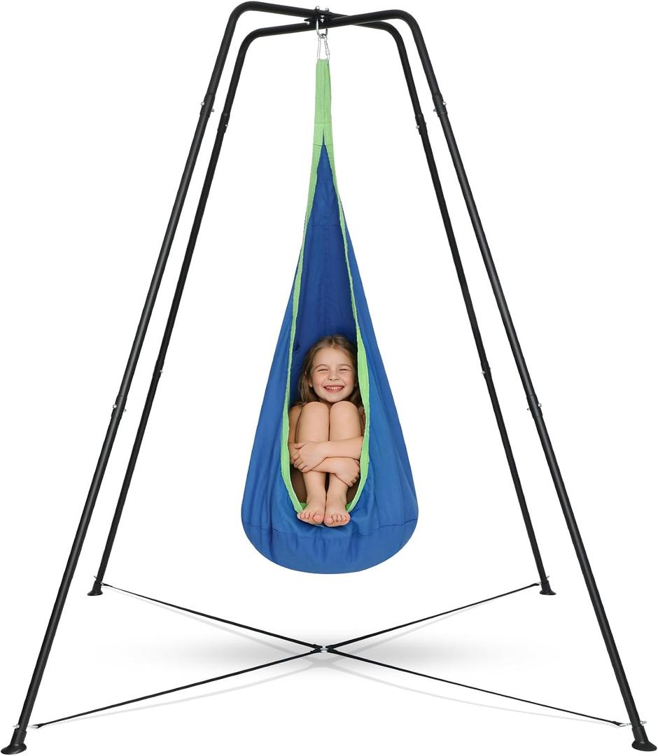 Swing Stand Frame with Sensory Swing Pod Chair, Heavy-Duty X-Shaped Sensory Swing Stand for Kids, Indoor & Outdoor Autism X-Shaped Swing Frame, 330LBS Capacity for Home Backyard Park