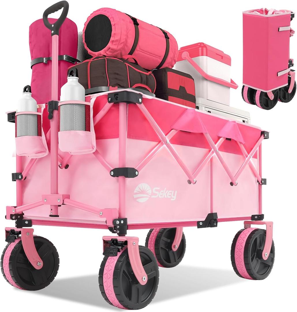 220L Wagons Carts Foldable with Big All-Terrian Beach Wheels, Collapsible Heavy DutyWagon with Cup Holders, Extra Large Folding Wagon,Foldable Wagon for Camping, Garden, Sports, Pink