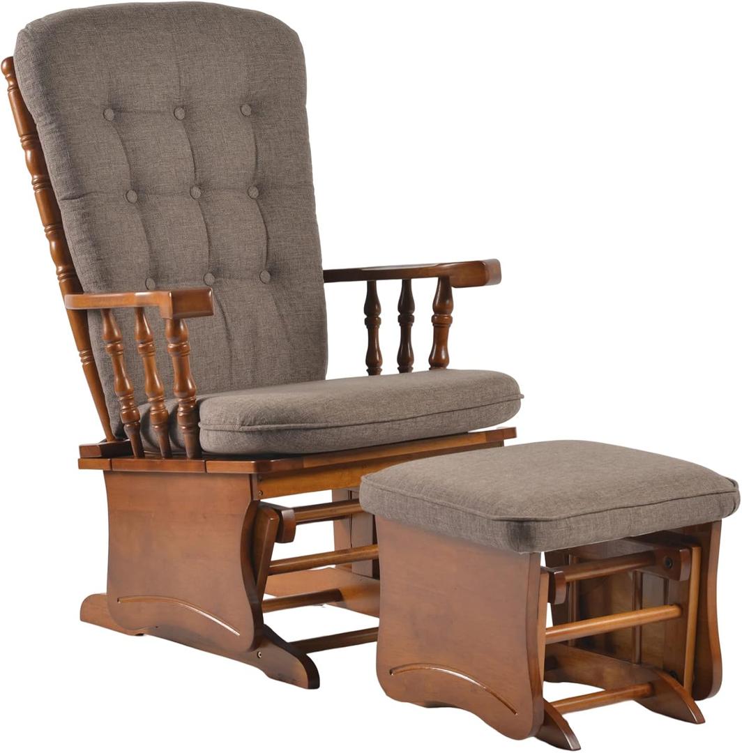 Anti-Pinch Hand Glider Chair for Nursery with Ottoman, Resistant Rubber Wood Glider Rocking Chair Sets for Nursing, Relaxing, Living Room, Bedroom, Antique Brown