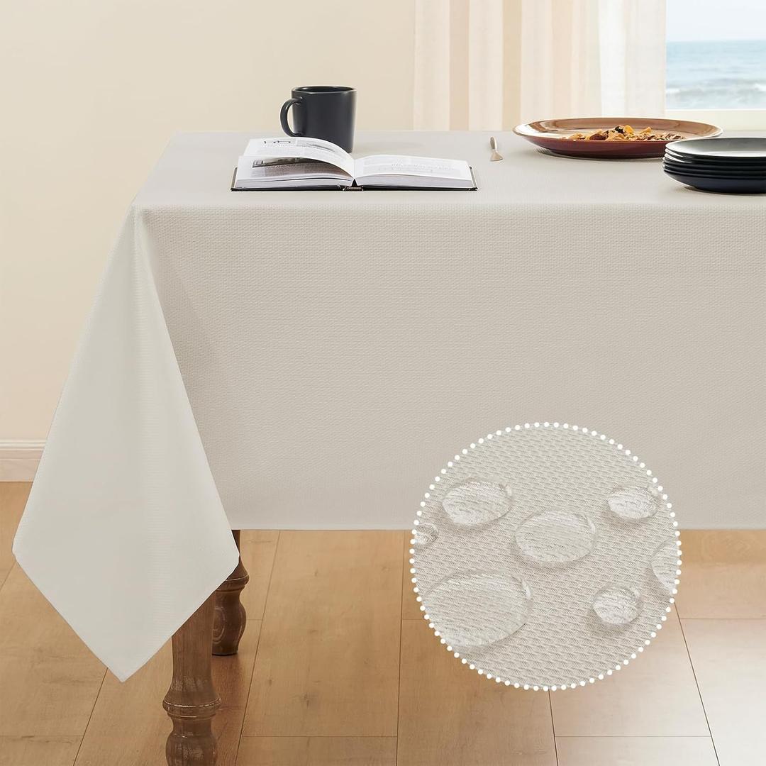 Textured Tablecloth Rectangle Waterproof Table Cloth, Washable Table Cover Wrinkle Free Fabric Tabletop Decoration for Kitchen, Dining, Wedding, Parties, 60 x 144 Inch, Ivory