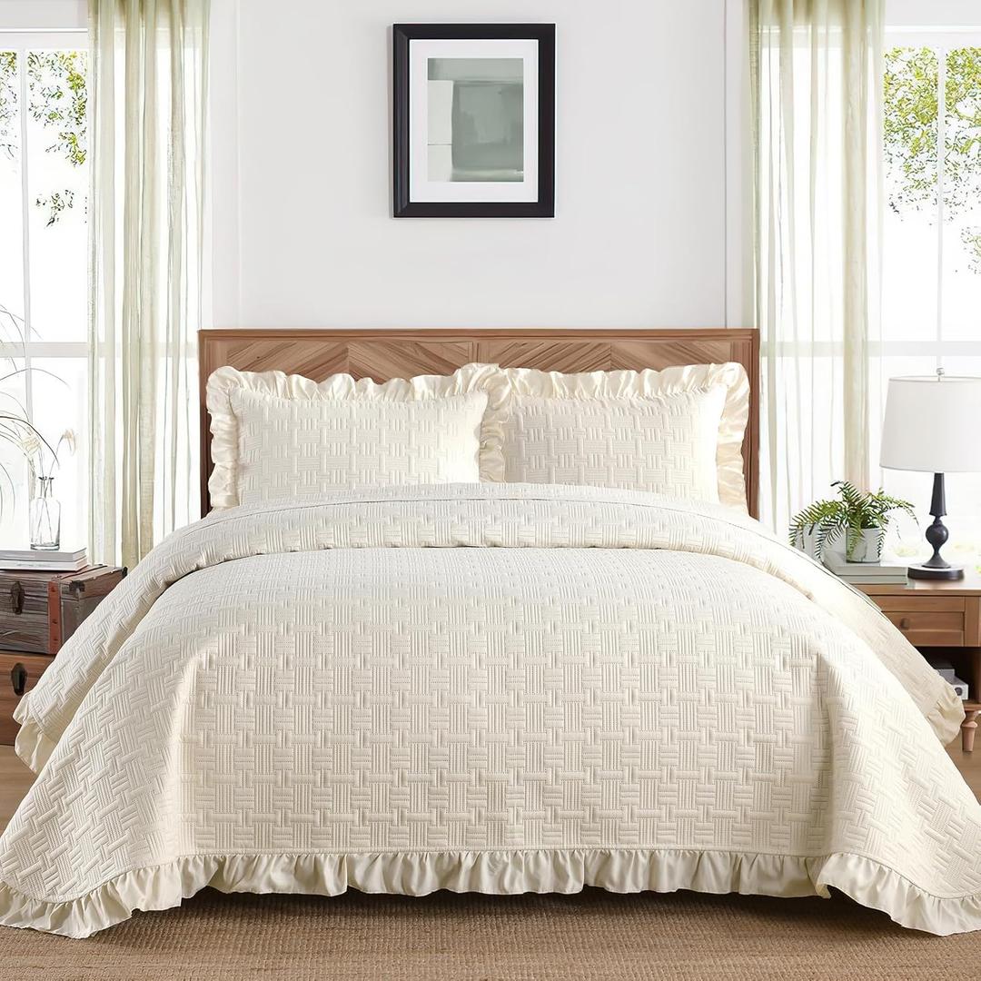 DJY Queen Quilt Bedding Set Beige, Lightweight Soft Bedspreads Queen Size, Basket Weave Quilted Blanket Thin Quilt Bed Cover for All Season - 3 Piece (1 Quilt, 2 Pillow Shams) (Queen (90"x96"), Cream)