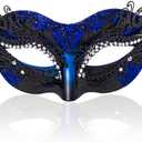 BCARICH 2025 New Masquerade Mask for Women, Metal Filigree Venetian Mask with Sparkle Rhinestone for Mardi Gras (Blue)