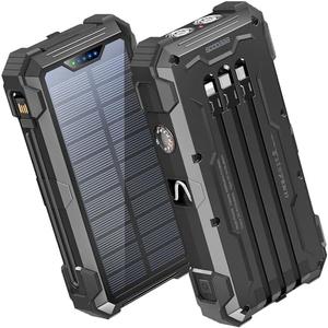 GOODaaa Portable Charger 42800mAh Built in 4 Cables and Thermometer 15W Fast Charging Power Bank Five Outputs Three Inputs Solar Charger Power Bank, SOS/Strobe/Strong Flashlights, Carabiner (Black)