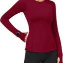 Loovoo Thermal Shirts for Women Long Sleeve Workout Tops Crewneck Fleece Base Layer Running Athletic Tee with Zipper Pocket (Large, 1-burgundy)