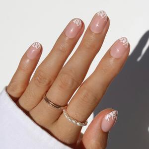 Glamnetic Press On Nails - Love Preserved Spring Nails | Short Oval Fake Nails in Semi-Transparent Base with White Floral Tips in a Glossy Finish | 15 Sizes - 30 Nail Kit with Glue