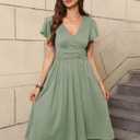 Women's Spring Casual Ruffle Short Sleeve Wrap V-Neck A-Line Loose Fit Swing Party Work Midi Dress with Pockets (Green, XXXL)