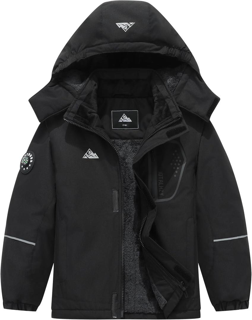 Boy's Winter Snow Coat Kids Warm Ski Jacket, Waterproof Fleece Snowboard Jackets Windproof Outdoor Hooded Raincoat (11-12, Black)