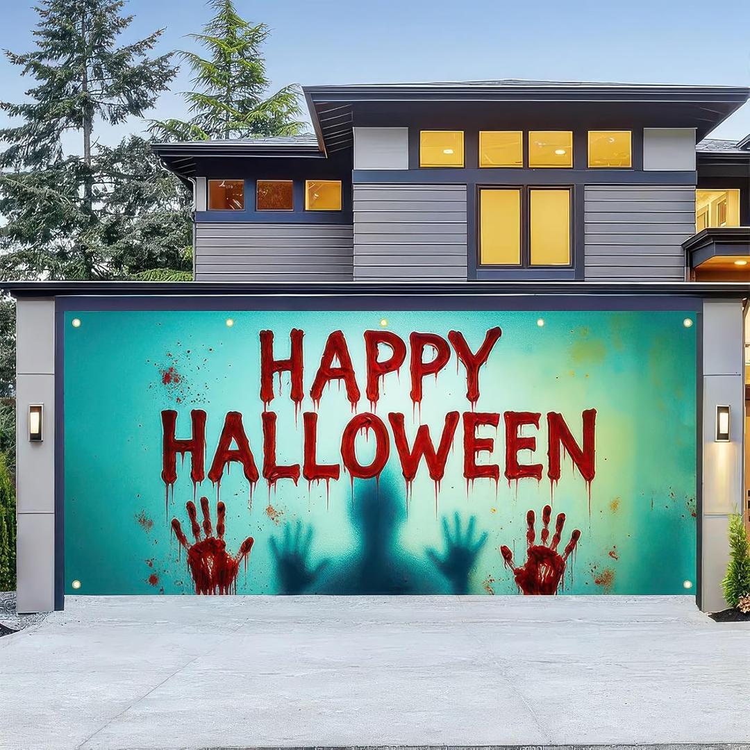 HOMETITUTE Large Halloween Garage Door Cover 13x6ft Scary Bloody Handprint Banner Creepy Shadow Poster for Outside Decorations Horror Theme Spooky Backdrop for Party Outdoor Home Yard Halloween Decor Home Party