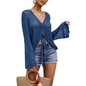 Saodimallsu Womens Boho Off Shoulder Sheer Crop Tops Bell Sleeve Flowy Oversized Crochet Ruched Pullover Sweaters (Small, Navy)