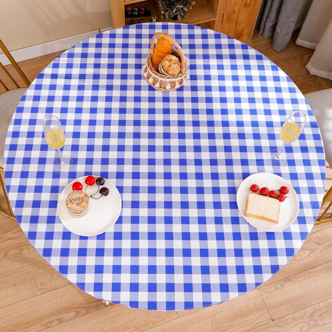 Round Vinyl Fitted Tablecloth with Flannel Backing Elastic Edge Design Table Cover Waterproof Oil-Proof PVC Table Cloth Stain-Resistant Best for 32"-36" Round (Blue Checkered)