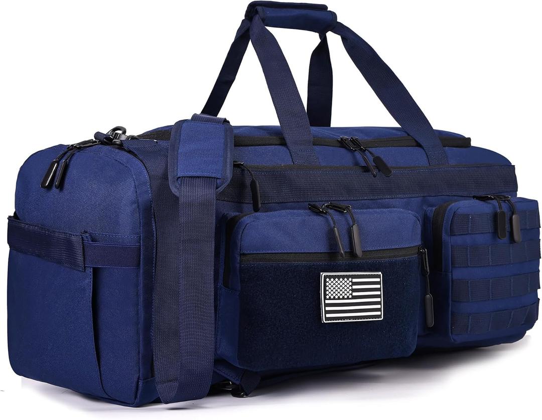 LHI 50L Tactical Duffle Bag for Men, 3-in-1 Gym Duffle and Backpack, Shoe Compartment, Laptop Sleeve and MOLLE, Carry-On Travel Weekender and Overnight Bag Blue