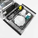 Roll Up Dish Drying Rack Over The Sink, 304 Stainless Stee Dish Drainer, Foldable & Adjustable Sink Drying Rack for Kitchen Sink Counter with Utensil Holder (Black, Roll Up,Small, Expandable)
