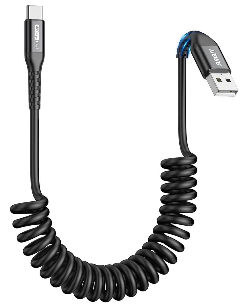 SUNGUY Coiled USB C Cable, 1Pack 5FTRecommended Stretch Length: 1.3-3.3FTUSB to USB-C Cable and Data-Cable for Android Auto, CarPlay, iPhone 17/16/15 Series, Galaxy S24 Ultra, Pixel, Xiaomi - Black