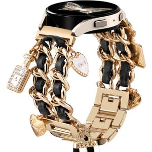 Stylish Metal Band Compatible with Samsung Galaxy Watch 7 Band/FE 6 5 4 40mm 44mm,Galaxy Active 2, 20mm Watch Strap Pretty Chain with Cute Decorative Charms Accessories for Samsung Watch Bands Women (GoldBlack Band/PerfumeBag)