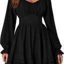 KIFOVEN Women's Lantern Long Sleeve Smocked Wrap Tiered Ruffle Flowy A Line Short Mini Dress (Black, XL)