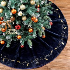 60inch Extra Large Christmas Tree Skirt Navy Blue Luxury Velvet Plush Skirts with Gold Embroidery Xmas Velvet Tree Skirt Holly Leaves Gold Embroidered Trees Skirts for Christmas Holiday Party Decor