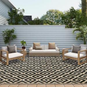 SAND MINE Waterproof Outdoor Rug 10x20 ft, Plastic Reversible Rug, Modern Area Rug, Large Floor Mat for Outdoors, RV, Patio, Backyard, Deck, Picnic, Beach, Camping, Black & Beige