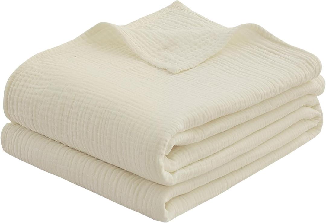 100% Cotton Muslin King Blanket (108" x 90")  A Luxuriously Soft, 4-Layer Lightweight and Breathable Gauze Blanket, Perfect for Year-Round use on beds, couches (Ivory, King)