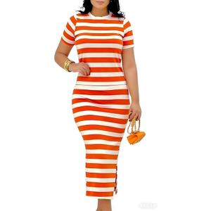 2 Piece Skirts Sets for Women Fall Fashion 2026 Striped Dress Lounge Travel Outfits Summer Clothing (Orange, S)