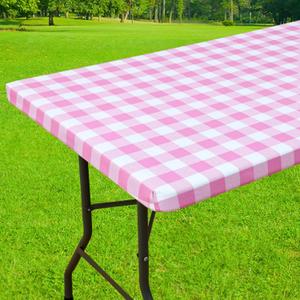 Smiry Rectangle Picnic Table Cloth, Elastic Waterproof Fitted Vinyl Tablecloths, Flannel Backed Buffalo Plaid Table Covers for Dining, Camping, Valentines(White and Pink, 30" x 48")