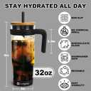 32 oz Glass Tumbler with Handle, Iced Coffee Cup with Bamboo Lid and Straws, Reusable Clear Glass Water Cup With Silicone Bumper - Fits in Car Cup Holder, Dishwasher Safe, BPA Free - Black