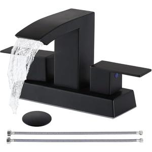 Friho Waterfall Matte Black Bathroom Faucet 3 Hole, 4 Inch 2 Handle Centerset Sink Faucet for Lavatory RV Vanity with Square Spout, Pop up Drain and Water Hoses.