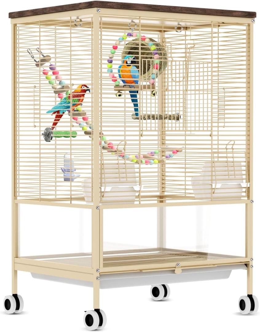 31-Inch Metal Bird Cage with Solid Wood Top Parakeet Cage on Wheels, Slide-Out Tray, Water Bottle & Feeder - Suitable for Parrot, Cockatiel, Lovebird, Finch, Pigeon