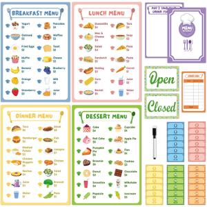 36Pcs Pretend Play Restaurant Menus Set for Kids Kitchen Food Diner Order Pads 4 Pretend Menus 1 Open/Close Sign 30 Play Money 1 Erasable Pen for Toddlers Girl Boy Role Plays Accessory Birthday Gift