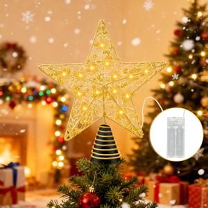 Christmas Tree Topper 10-inch Gold Glitter Star Tree Topper with 20 LED Lights Christmas Tree Topper Star for Holiday Decorations