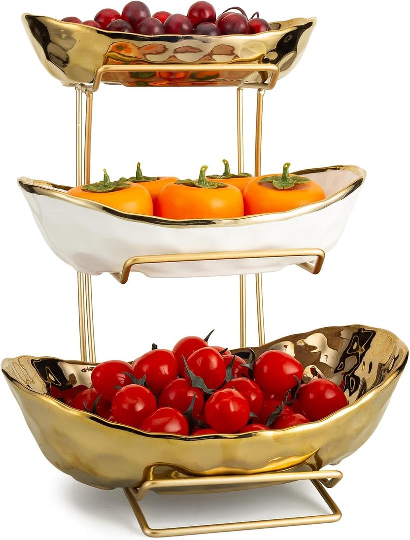 3 Tier Ceramic Fruit Bowl for Kitchen Counter with Metal Rack, Fruit Basket with Stand, Porcelain Bowls for Vegetable Bread Candy Snack Nuts Dessert Cake Tray (Gold 3 Layer)