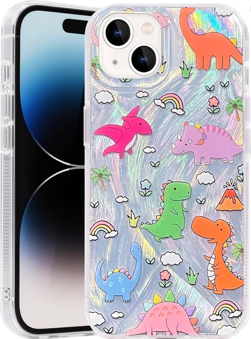 Compatible with iPhone 15 Case,with [Soft Slim][Camera Protection] Cute Kawaii Shiny Aesthetic Phone Cover Anti-Yellowing Shockproof Protective Cover for Women Girl-Dinosaurs