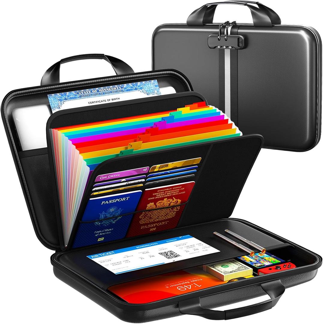 Fireproof Accordion File Organizer with Lock,Hard-Shell Fireproof Document Box with 13 Pockets for Certificates, Passports Laptop Important Documents Portable Home Office Travel Safe Storage