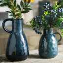 Ceramic Vase Set of 2, Blue Glazed Small Pottery Vases with Handles, Decorative Clay Vase Modern Farmhouse Decor, Centerpiece Dining Table Decorations Porcelain