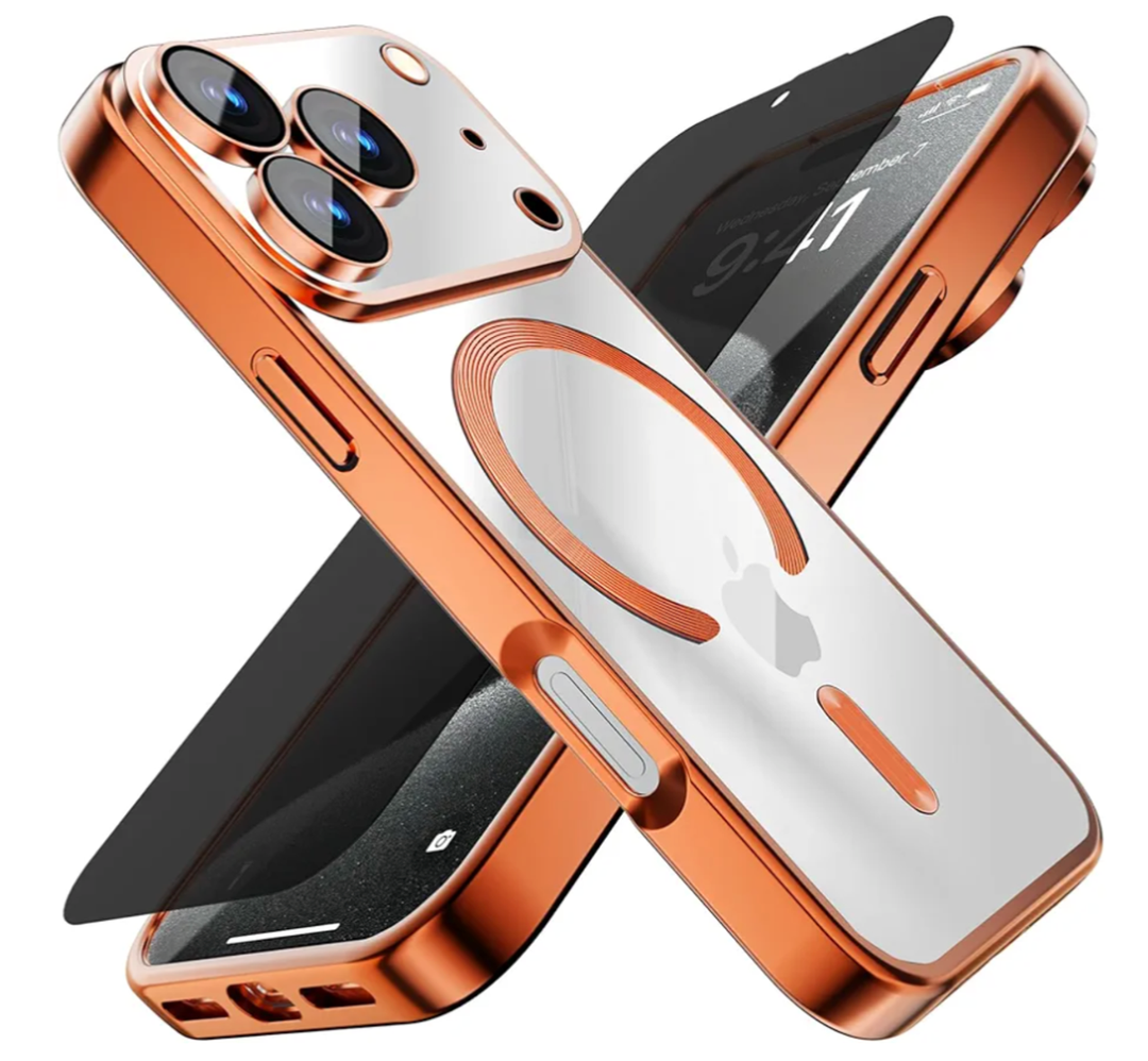 Misscase for iPhone 17 Pro Max Case with Privacy Screen Protector, [Camera Lens Protector] Clear Magnetic Luxury Plating Compatible with MagSafe Elegant Anti-Scratch Case 6.9 Inch Orange