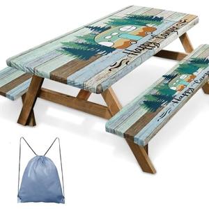 Britown Picnic Table Cover with Bench Covers Elastic Edges, Green Camper Fitted Table Cover, Outdoor Patio Camping Essentials 72 Inch 3PCS, Waterproof Camping Fitted Tablecloth with Drawstring Bag, L(96)