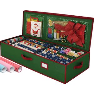 Christmas Wrapping Paper Organizer Storage, with Straps & Pockets, Gift Wrap Organizer Bag for Christmas Decorations, Fits Upto 24 Rolls, Underbed Storage for Holiday Decoration, (Green)