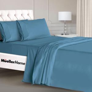 Mueller Luxury 4 Piece Twin XL Sheet Sets - Ultra-Soft 1800 Series, Cooling & Breathable Twin XL Bed Sheets, Hotel Quality Bedding, Deep Pocket up to 16" - Hypoallergenic, Wrinkle-Resistant, Denim (Twin XL, Denim)