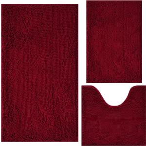 Bathroom Rugs Chenille 3-Piece Extra Soft and Absorbent Shag Bathroom Rugs, Machine Wash Mat, Strong PVC Non-Slip Underside, Plush Carpet Mats (Burgundy) (1'8" x 2'8" (16x24"+20x32"+20x20"U shape))